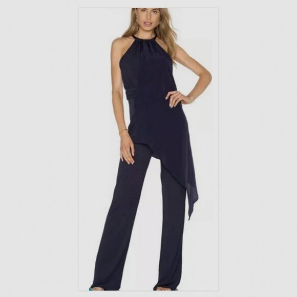 Trina Turk Jumpsuit Womens Navy Blue Sleeveless Drape Bodice Overlay Size 4 - Picture 1 of 14